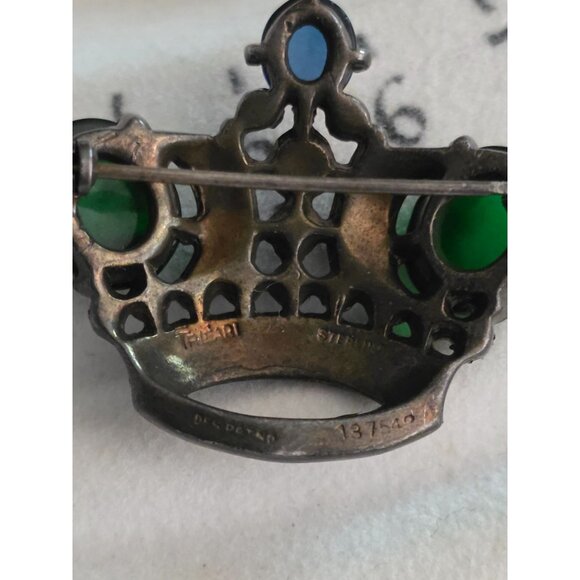 Trifari Alfred Phillippe Sterling Silver Crown Brooch Green Cabochons Rhinestone - Picture 3 of 8